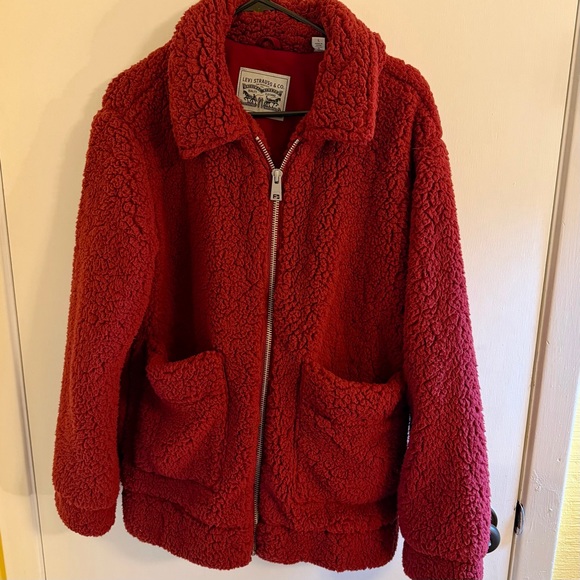 Levi’s Red Teddy Coat Faux Fur Zip Jacket Women’s Large NWT - Picture 9 of 9